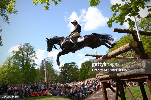 Britain's Helen Wilson riding My Ernie jumps the Ford Broken Bridge fence during the cross-country test of the Badminton Horse Trials in Badminton,...