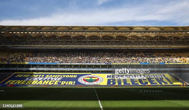 View of a banner carried by supporters of Fenerbahce during a training session held ahead of the Turkish Super Lig week 36 match between Fenerbahce...