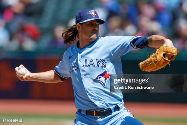 Kevin Gausman of the Toronto Blue Jays pitches against the Cleveland Guardians during the first inning of game one of a doubleheader at Progressive...