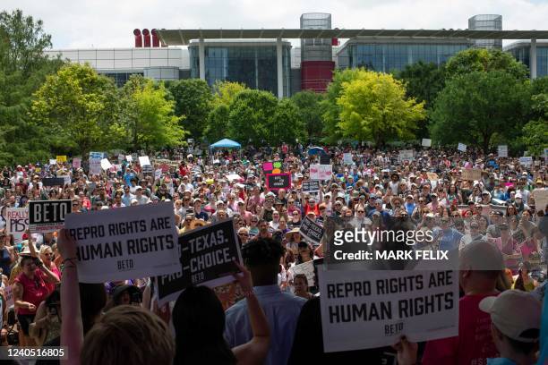 Protesters gather for A Texas Rally for Abortion Rights in Houston on May 7, 2022. - Multiple US organizations that support abortion rights called...