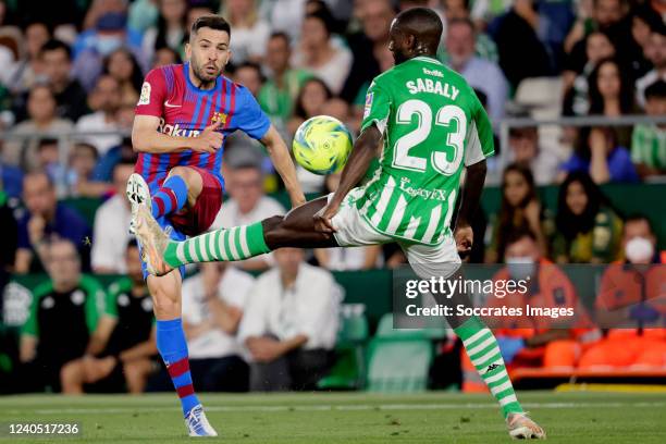 Jordi Alba of FC Barcelona, Youssouf Sabaly of Real Betis during the La Liga Santander match between Real Betis Sevilla v FC Barcelona at the Estadio...