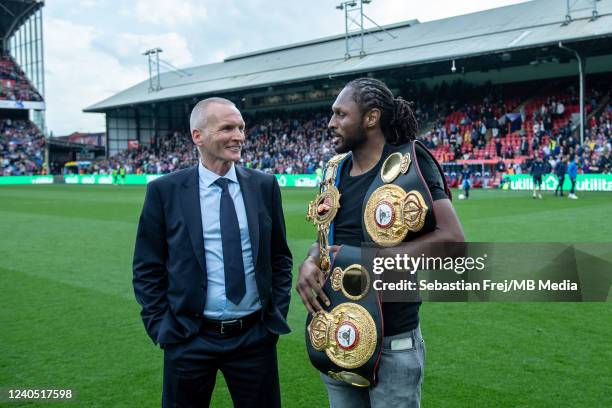 Geoff Thomas and professional boxer Craig Richards at the Premier League match between Crystal Palace and Watford at Selhurst Park on May 7, 2022 in...