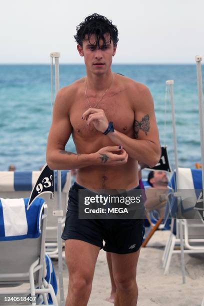 Shawn Mendes is seen on the beach on May 7, 2022 in Miami, Florida.