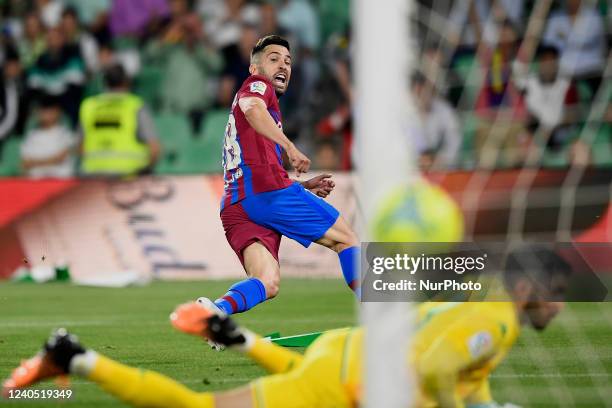 Jordi Alba of Barcelona celebrates after scoring his sides first goal during the La Liga Santander match between Real Betis and FC Barcelona at...