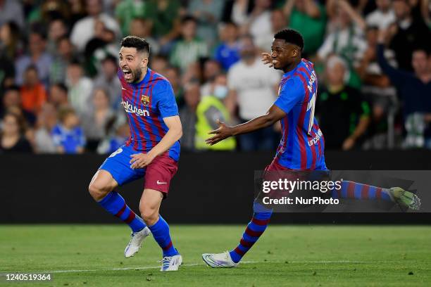 Jordi Alba of Barcelona celebrates after scoring his sides first goal during the La Liga Santander match between Real Betis and FC Barcelona at...