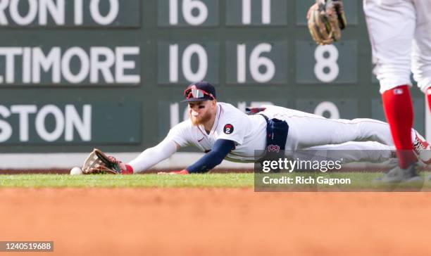 Alex Verdugo of the Boston Red Sox can't catch a ball off the bat of Leury Garcia of the Chicago White Sox during the third inning at Fenway Park on...