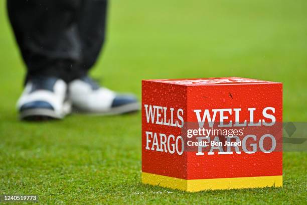Wells Fargo tee marker is seen on the 11th tee box during the third round of the Wells Fargo Championship at TPC Potomac at Avenel Farm on May 7,...