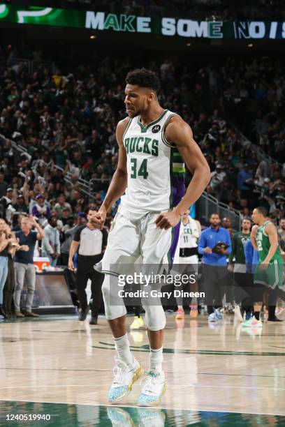Giannis Antetokounmpo of the Milwaukee Bucks celebrates during Game 3 of the 2022 NBA Playoffs Eastern Conference Semifinals against the Boston...