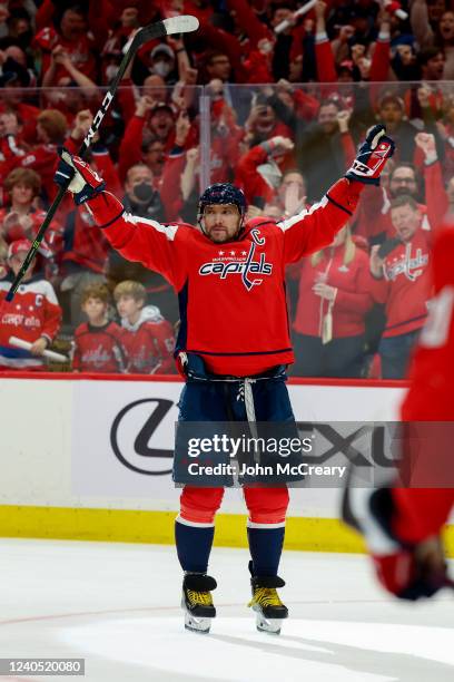 Alex Ovechkin of the Washington Capitals celebrates a goal against the Florida Panthers in Game Three of the First Round of the 2022 Stanley Cup...