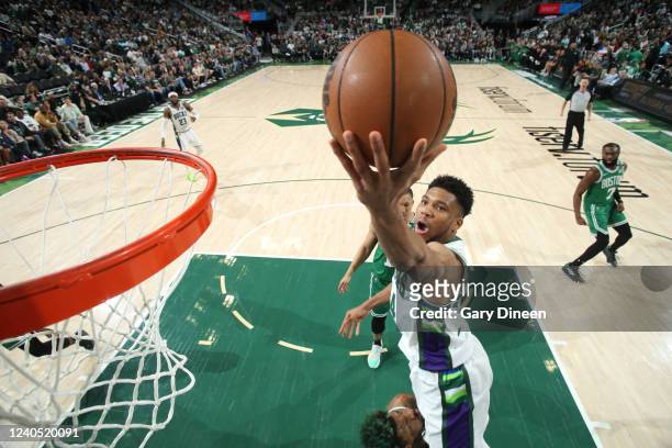 Giannis Antetokounmpo of the Milwaukee Bucks drives to the basket during Game 3 of the 2022 NBA Playoffs Eastern Conference Semifinals against the...