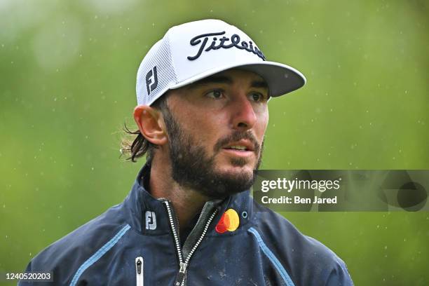Max Homa watches his drive on the 11th tee box during the third round of the Wells Fargo Championship at TPC Potomac at Avenel Farm on May 7, 2022 in...