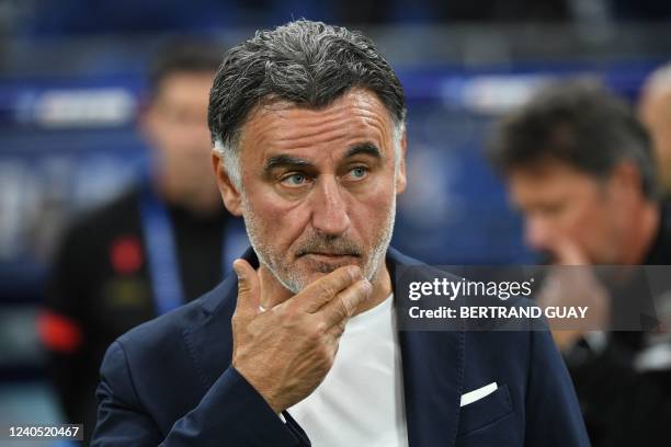 Nice's French coach Christophe Galtier reacts at the end of the French Cup final football match between OGC Nice and FC Nantes at the Stade de...