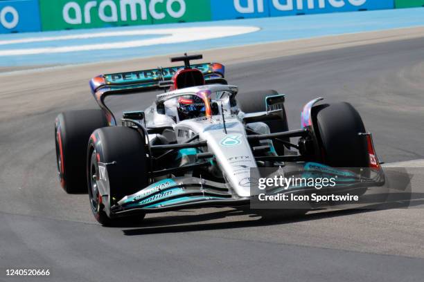 Mercedes-AMG Petronas driver George Russell of Great Britain exits turn 17 during qualifying for the Formula 1 CRYPTO.COM Miami Grand Prix on May 7,...