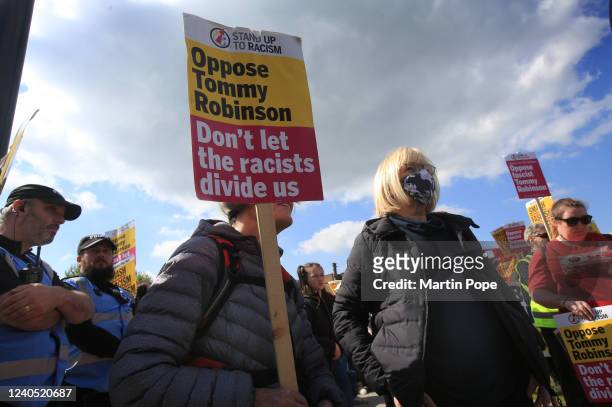 Protesters at a counter anti Tommy Robinson, anti fascism demonstration on May 7, 2022 in Telford, England. After marching to the city centre, the...