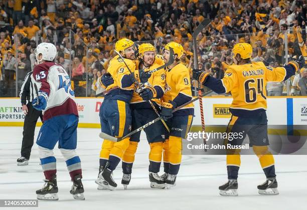 Roman Josi celebrates his goal with Matt Duchene, Filip Forsberg and Mikael Granlund of the Nashville Predators against the Colorado Avalanche in...