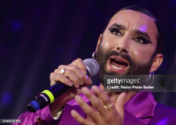 Austrian singer Conchita Wurst performs during the 14th Diversity Ball at Kursalon Huebner on May 7, 2022 in Vienna, Austria. This year's motto of...