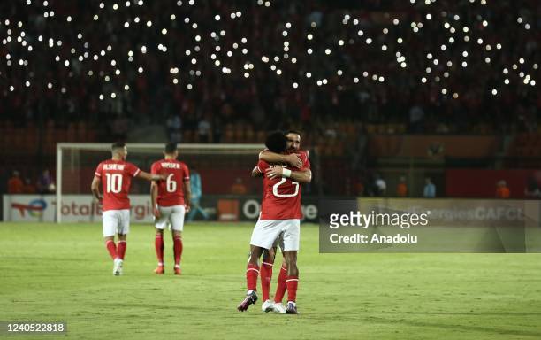 Players of Al Ahly celebrate after winning the CAF Champions League semi-final match between Al Ahly and Es Setif at Al-Salam Stadium in Cairo, Egypt...