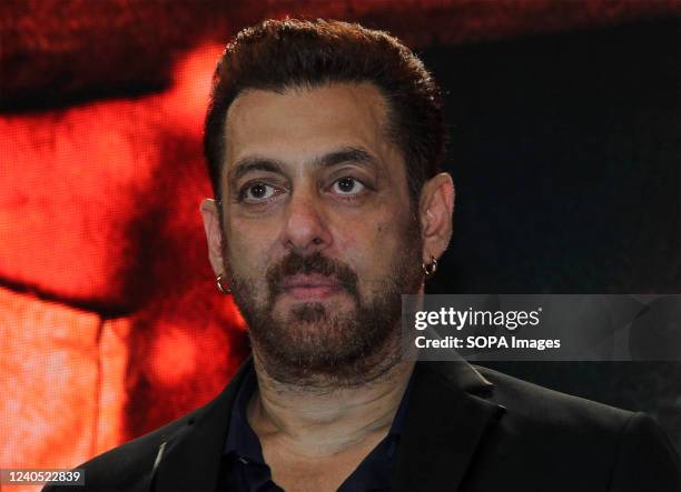 Bollywood actor Salman Khan seen during the trailer launch of Marathi film 'Dharmaveer' in Mumbai. The film will be released on 13th May 2022.