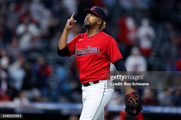 Emmanuel Clase of the Cleveland Guardians celebrates an 8-2 win against the Toronto Blue Jays in game two of a doubleheader at Progressive Field on...