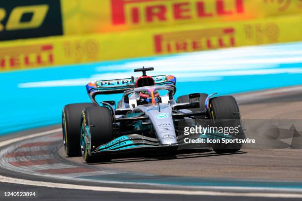 Mercedes-AMG Petronas driver George Russell of Great Britain exits turn 7 during practice for the Formula 1 CRYPTO.COM Miami Grand Prix on May 7,...