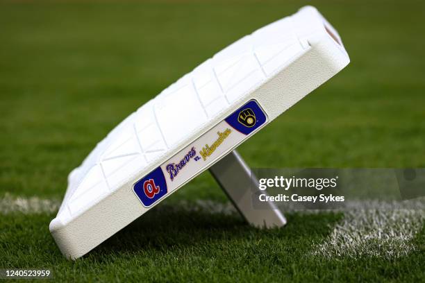 The series logo is seen on a base before a game between the Atlanta Braves and the Milwaukee Brewers at Truist Park on May 7, 2022 in Atlanta,...