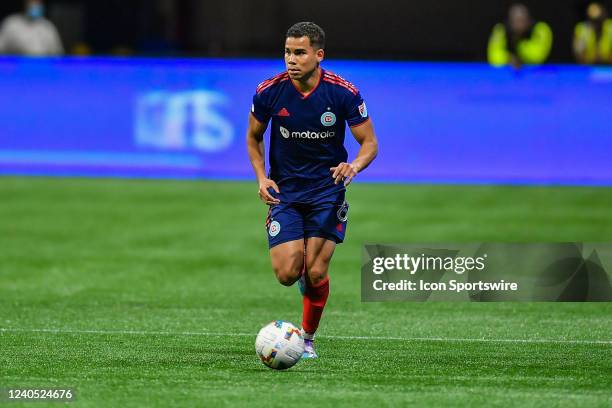 Chicago defender Miguel Ángel Navarro moves with the ball during the MLS match between Chicago Fire and Atlanta United FC on May 7th, 2022 at...