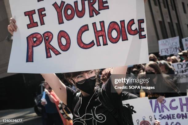 Pro-choice protester holds a placard in support of Roe v Wade during the protest. Pro-choice activists march through the streets of downtown Detroit,...