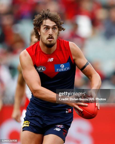 Luke Jackson of the Demons looks on during the 2022 AFL Round 08 match between the Melbourne Demons and the St Kilda Saints at the Melbourne Cricket...