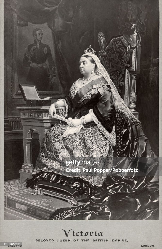 Her Majesty Queen Victoria wearing royal regalia with her despatch ...