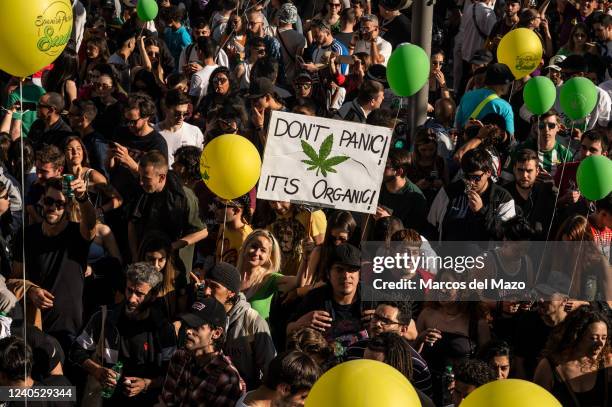 Demonstrators carrying placards and balloons are seen during the Global Marijuana March. Thousands of people are marching through the city center to...