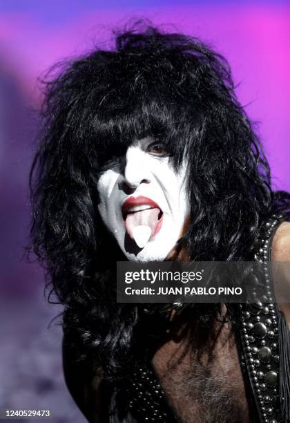 Bass guitarist Paul Stanley of US rock band Kiss performs on stage at the Movistar Arena in Bogota on May 7, 2022.