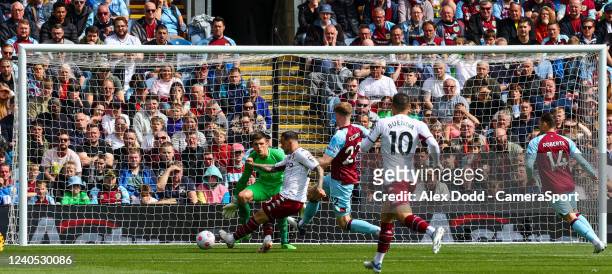 Aston Villa's Danny Ings scores the opening goal during the Premier League match between Burnley and Aston Villa at Turf Moor on May 7, 2022 in...