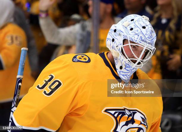 The artwork on the mask of Nashville Predators goalie Connor Ingram is shown during Game 3 of the first round of the Stanley Cup Playoffs between the...