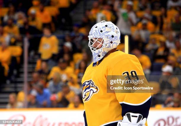 The artwork on the mask of Nashville Predators goalie Connor Ingram is shown during Game 3 of the first round of the Stanley Cup Playoffs between the...