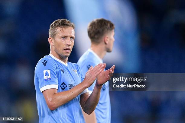 Lucas Leiva of SS Lazio greets his supporters during the Serie A match between SS Lazio and UC Sampdoria on May 7, 2022 in Rome, Italy.