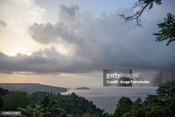 Coastal landscape with the lush vegetation of the island of Principe.