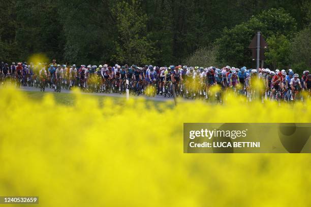 The pack rides during the third stage of the Giro d'Italia 2022 cycling race, 201 kilometers between Kaposvar and Balatonfured, Hungary, on May 8,...