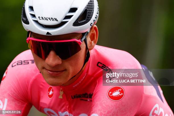 Overall leader Team Alpecin-Fenix Dutch rider Mathieu van der Poel rides during the third stage of the Giro d'Italia 2022 cycling race, 201...