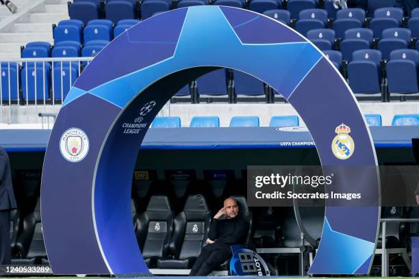 Coach Pep Guardiola of Manchester City during the UEFA Champions League match between Real Madrid v Manchester City at the Santiago Bernabeu on May...