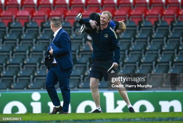 Leicester , United Kingdom - 7 May 2022; Leinster head coach Leo Cullen with his son Con and Leinster senior communications & media manager Marcus Ó...