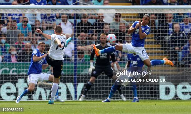 Everton's Ukrainian defender Vitaliy Mykolenko scores the opening goal during the English Premier League football match between Leicester City and...