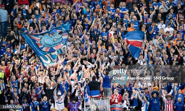 Rangers' fans during a cinch Premiership match between Rangers and Dundee United at Ibrox Stadium, on May 07 in Glasgow, Scotland