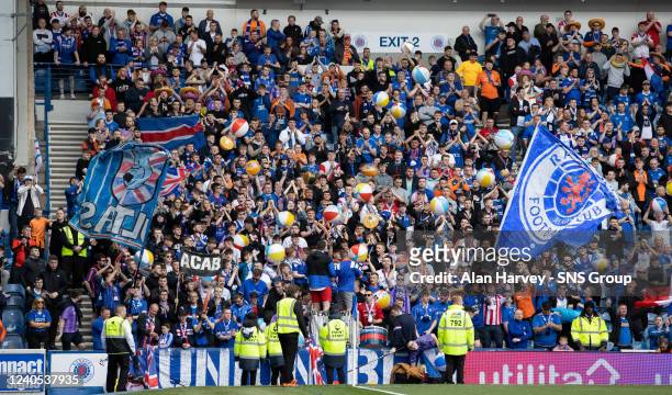 Rangers fans during a cinch Premiership match between Rangers and Dundee United at Ibrox Stadium, on May 07 in Glasgow, Scotland