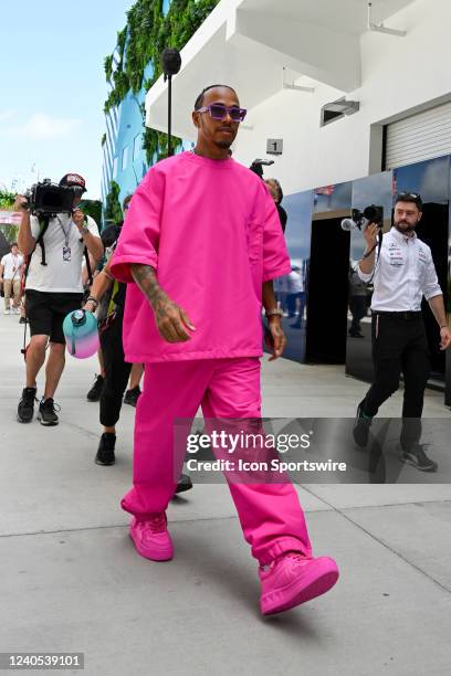 Mercedes-AMG Petronas driver Lewis Hamilton arrives in the paddock prior to the start of the Formula 1 CRYPTO.COM Miami Grand Prix on May 8, 2022 at...