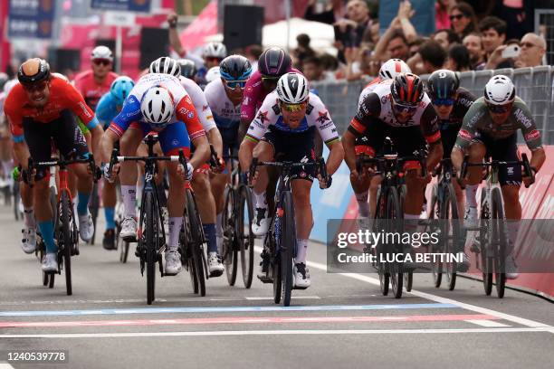 Team Quick-Step Alpha Vinyl's British rider Mark Cavendish sprints on his way to win the third stage of the Giro d'Italia 2022 cycling race, 201...