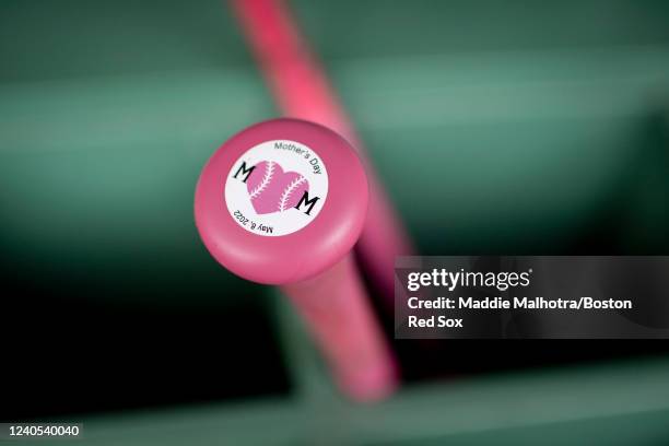 Detailed view of a Mothers Day bat in the Boston Red Sox dugout before a game against the Chicago White Sox at Fenway Park on May 8, 2022 in Boston,...