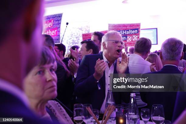 Supporters of Daniel Guenther, current premier of Schleswig-Holstein and member of the German Christian Democrats cheer during the Schleswig-Holstein...