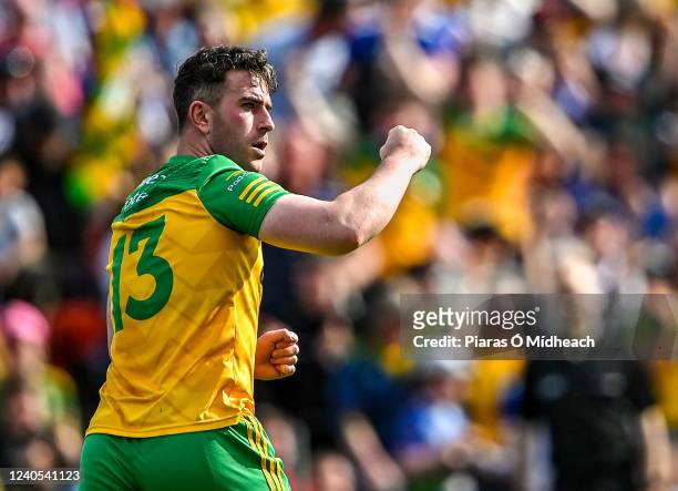 Monaghan , Ireland - 8 May 2022; Patrick McBrearty of Donegal celebrates after scoring his side's second goal during the Ulster GAA Football Senior...