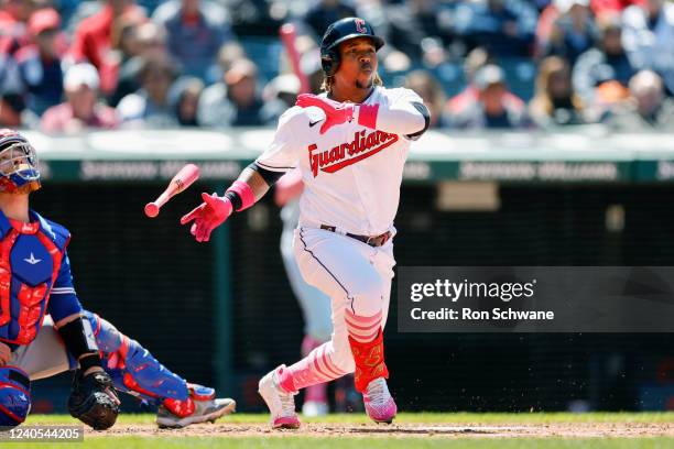 Jose Ramirez of the Cleveland Guardians hits a one-run triple off Alek Manoah of the Toronto Blue Jays during the third inning at Progressive Field...
