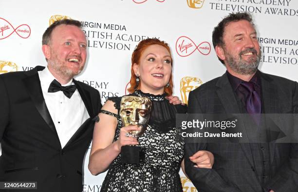 Chris McCausland, Sophie Willan, winner of the Female Performance In A Comedy Programme for "Alma's Not Normal", and Lee Mack pose in the winner's...